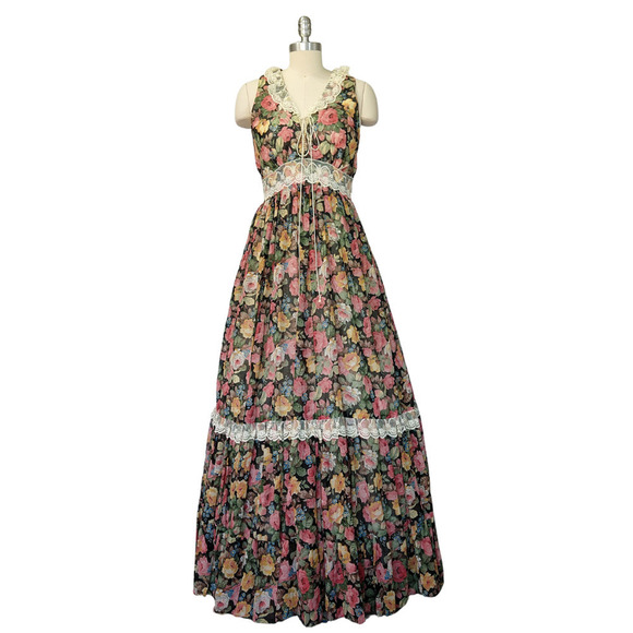 Gunne Sax Black Floral Corset Maxi Dress Size 13 Vintage 70s Prairie Roses Lace - Picture 2 of 15